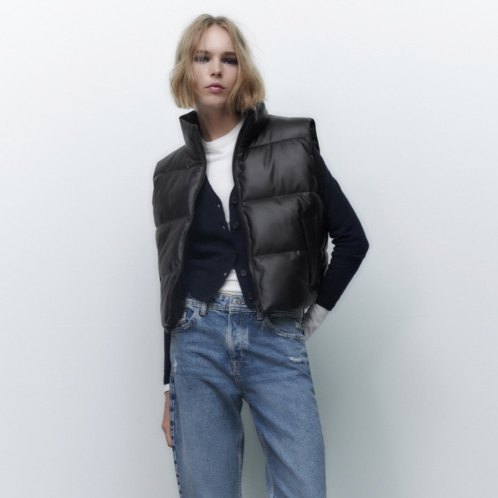 NWT Zara Faux Leather Puffer Vest Warming Pockets.